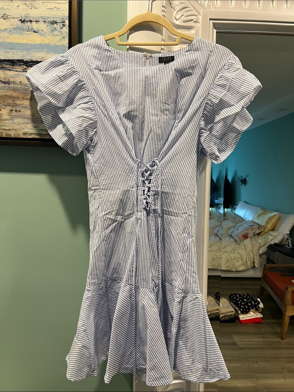 Striped Blue Lace-Up Puff Sleeve Mini Dress